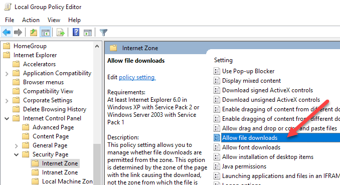 Bloquer les téléchargements de fichiers dans Internet Explorer