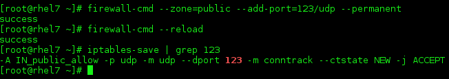 Konfigurasikan Firewall untuk mengaktifkan port NTP 123 di RHEL7 Linux