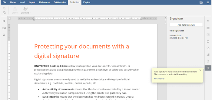 Tandatangan Dokumen secara digital di Linux menggunakan editor desktop OnlyOffice