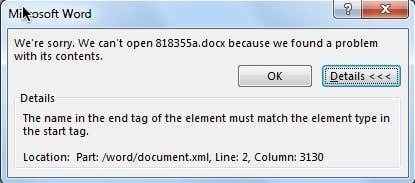 Error de desajuste de la etiqueta de la etiqueta final de la etiqueta final al abrir archivos DOCX