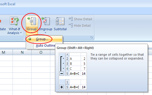 Baris kumpulan dan lajur dalam lembaran kerja Excel