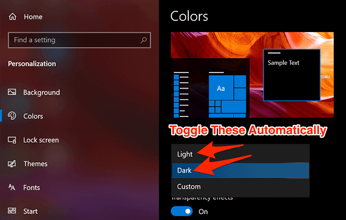 So schalten Sie automatisch dunkle und helle Modi unter Windows 10 um