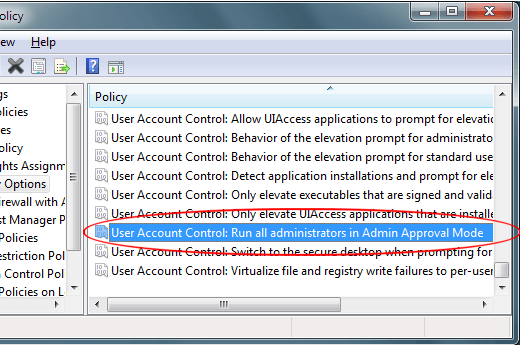 Desligue o modo de aprovação do administrador no Windows 7