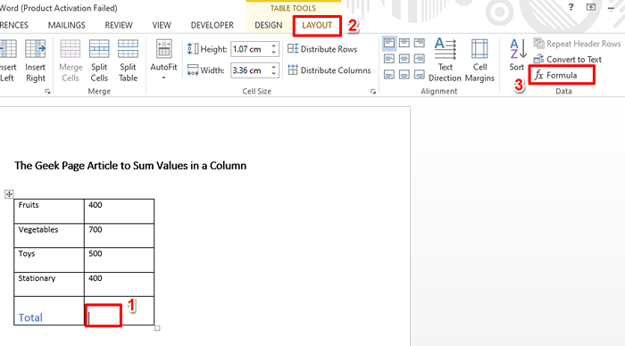 Comment résumer les valeurs dans une colonne dans Microsoft Word