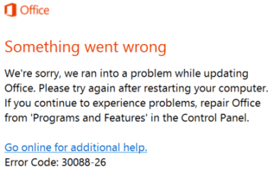 Corrija o código de erro 30088-26 ao atualizar o Microsoft Office
