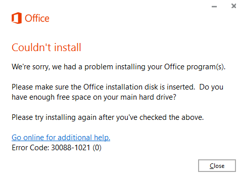 Fix Office Returns Office nie mógł zainstalować 30088-1021 (0)