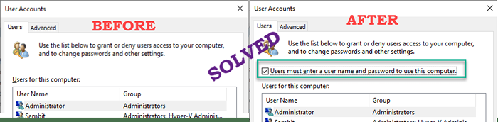 Użytkownicy muszą wprowadzić nazwę użytkownika i hasło, które brakuje pola wyboru w NetPlWiz w poprawce Windows 10