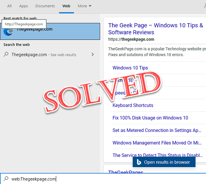 Web -Vorschau fehlen bei Windows 10 Search Fix