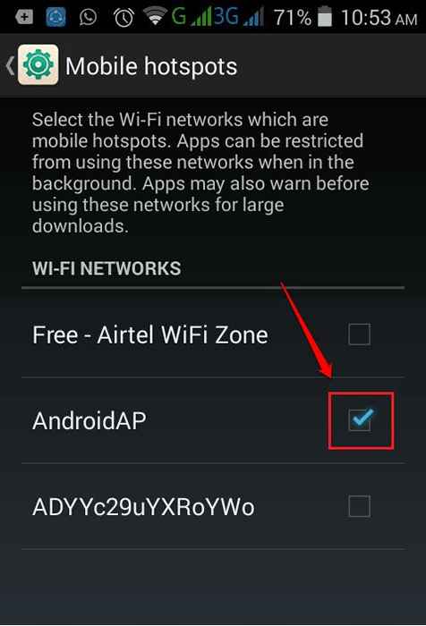 Excluya los puntos de acceso de Wifi para detener la descarga automática en Android mientras se usa puntos de acceso móvil