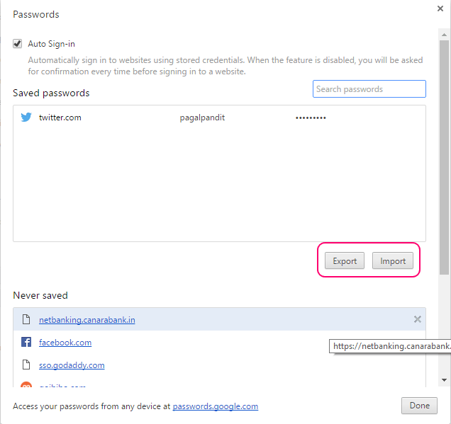 Cara mengeksport / mengimport kata laluan yang disimpan dari Chrome