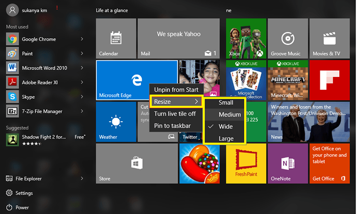 Tambahkan lajur baru untuk memulakan menu di Windows 10