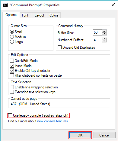 Habilitar la consola heredada para el símbolo del sistema en Windows 10