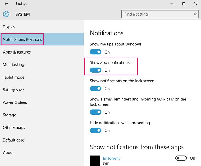 Como você habilita / desativando notificações no Windows 10?