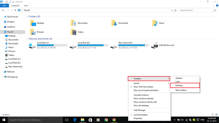 Comment ajouter la barre d'outils de bureau dans Windows 10