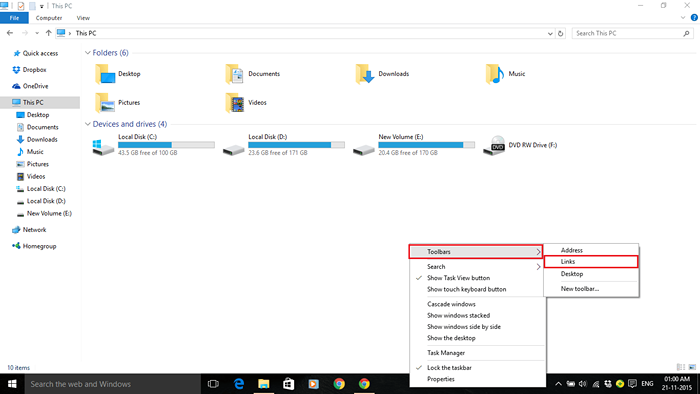 Cómo agregar la barra de herramientas de enlaces en Windows 10