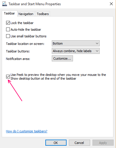 Cómo habilitar / deshabilitar Desktop Peak en Windows 10