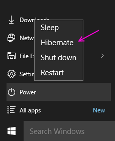 Cómo mostrar la opción Hibernate en el menú de encendido de Windows 10