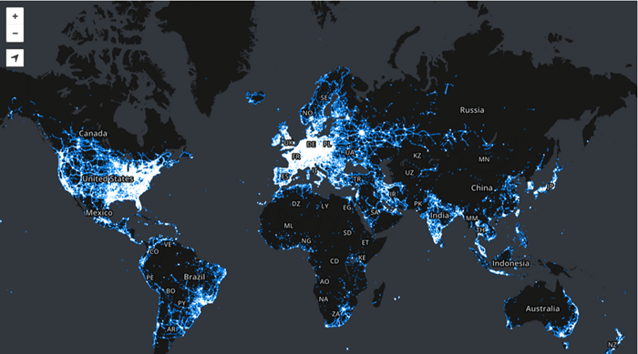 Internetowa gęstość świata na mapie Mozilli