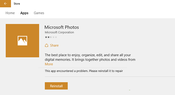 Resuelto! Mensaje de almacenamiento de Windows 10 'Esta aplicación encontró un problema. Por favor, reinstale para reparar '